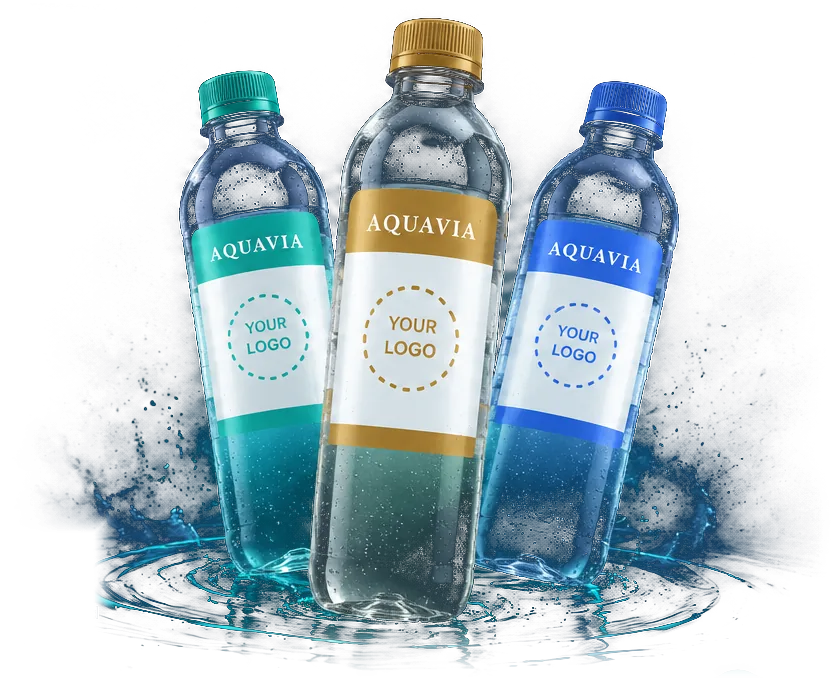Three AquaVia bottles — 250ml, 500ml and 1 litre — with custom-branded labels, standing in water.
